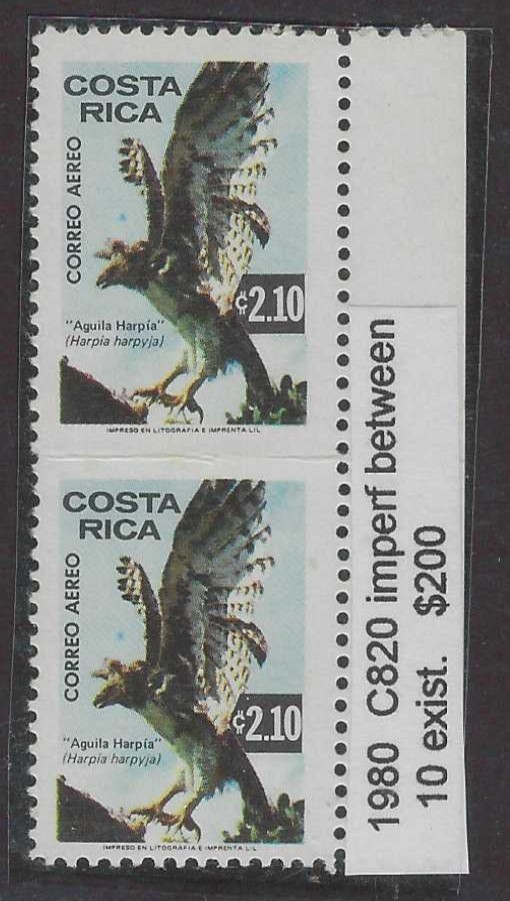 COSTA RICA HARPIA SPECIES of EAGLE PAIR IMPERF BETWEEN C820 MNH 1980 RARE