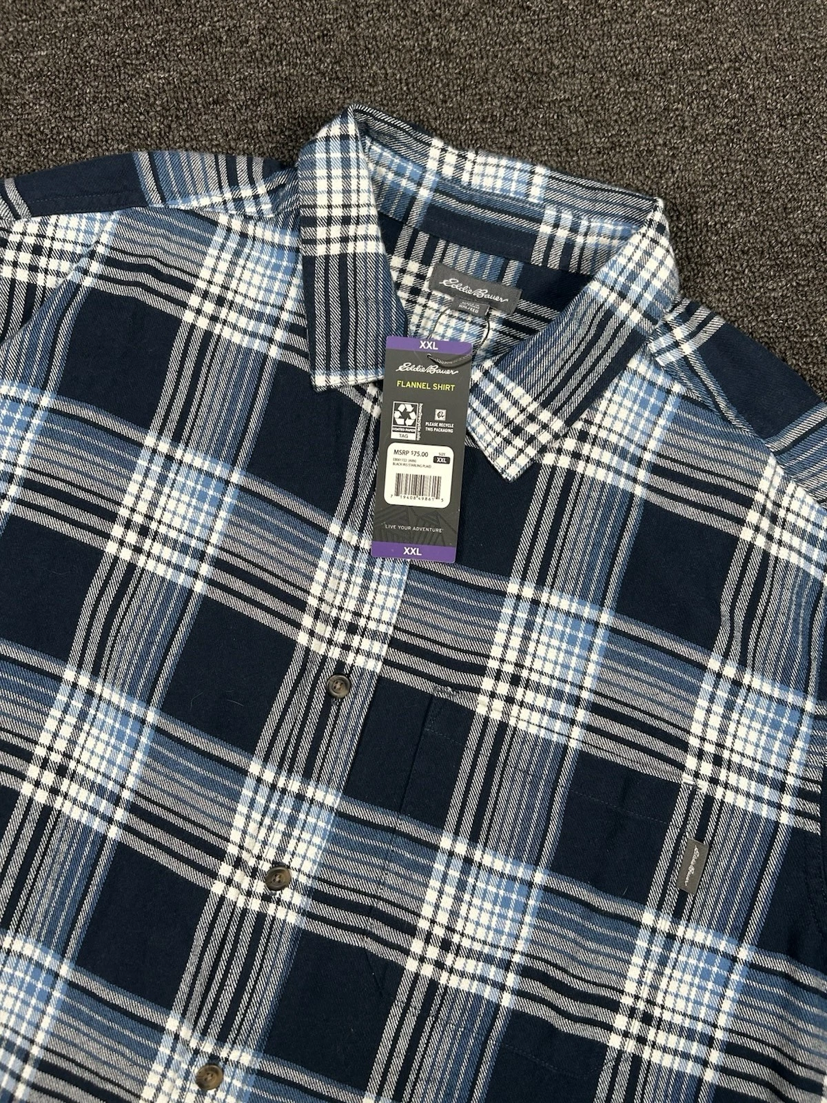 New Eddie Bauer Flannel Shirt Mens XXL 2XL Black Iris Starling Plaid Button Up