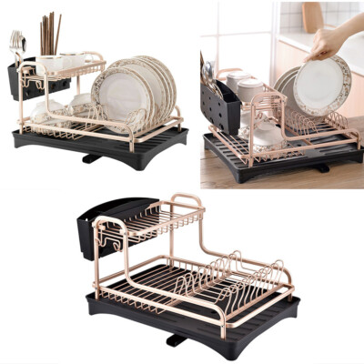 UK Rose Gold Dish Drainer Rack Storage Drip Tray Sink Drying Draining Plate  Bowl UK