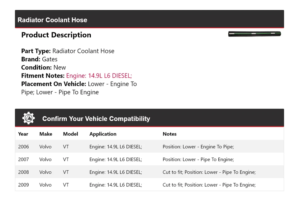 Puertas de manguera de refrigerante de radiador diésel para Volvo VT 14,9 L L6 2006-2009 2007 2008 Foto 2 de 4