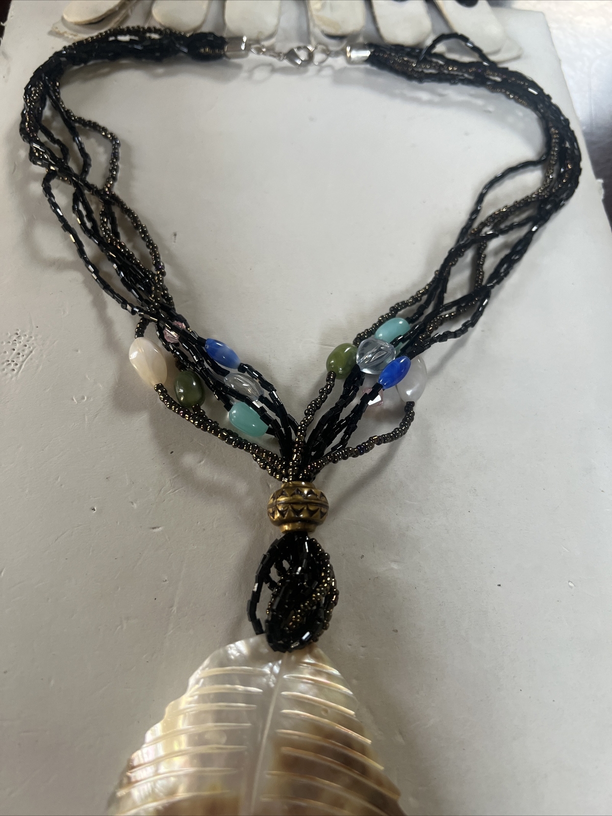 Vintage Large Abalone Leaf Shell Beaded Necklace … - image 6