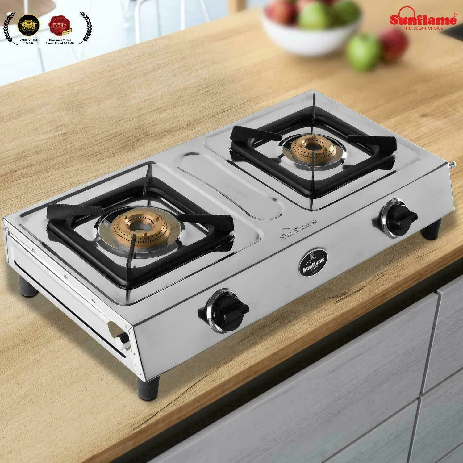 Sunflame Smart Stainless Steel 2 Burner Gas Stove Manual Ignition Silver Color