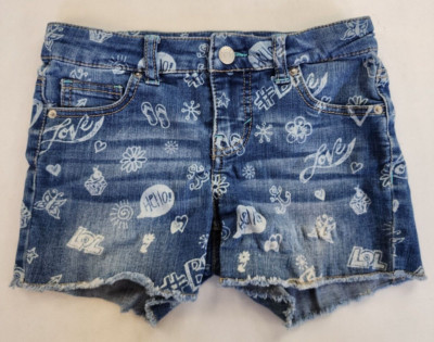 Cat & Jack Girls Kids M Denim Blue Whiskered Graphic Doodles Cut Off shorts