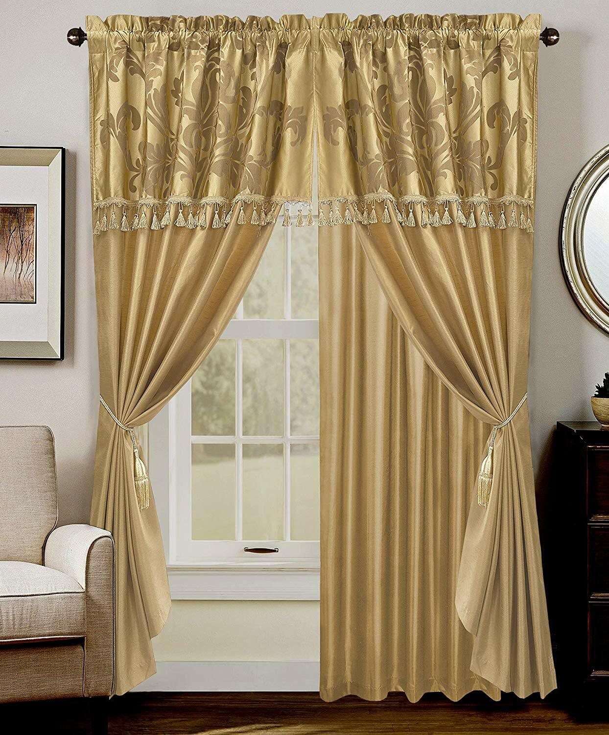 4pc Solid Gold Floral Window Curtains Panels Drapes Pair 84 inch ...