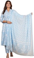 Women's Cotton Calf Length V-Neck Botanical Print Regular Fitted Anarkali Kurta