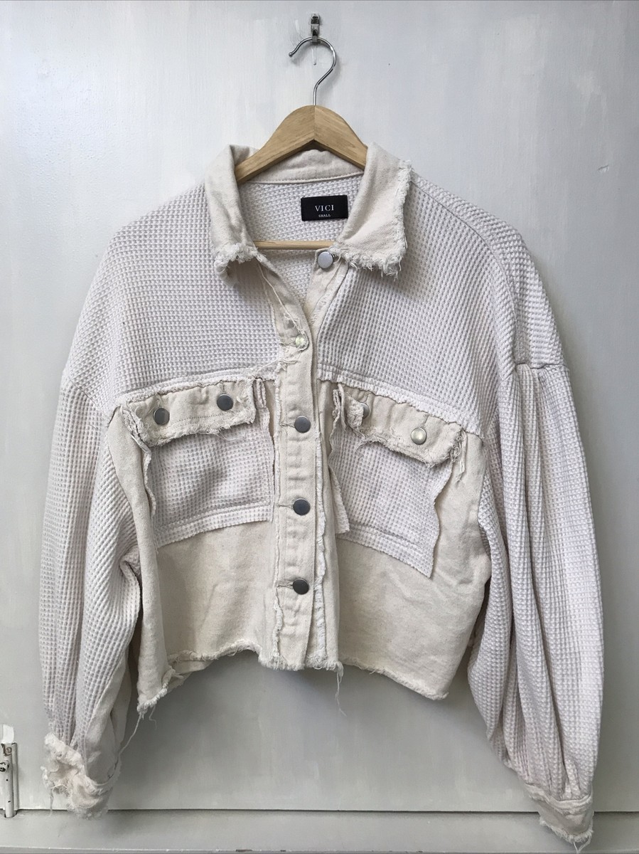 Vici Cream Cropped waffle knit denim raw hem button down jacket Size S Small