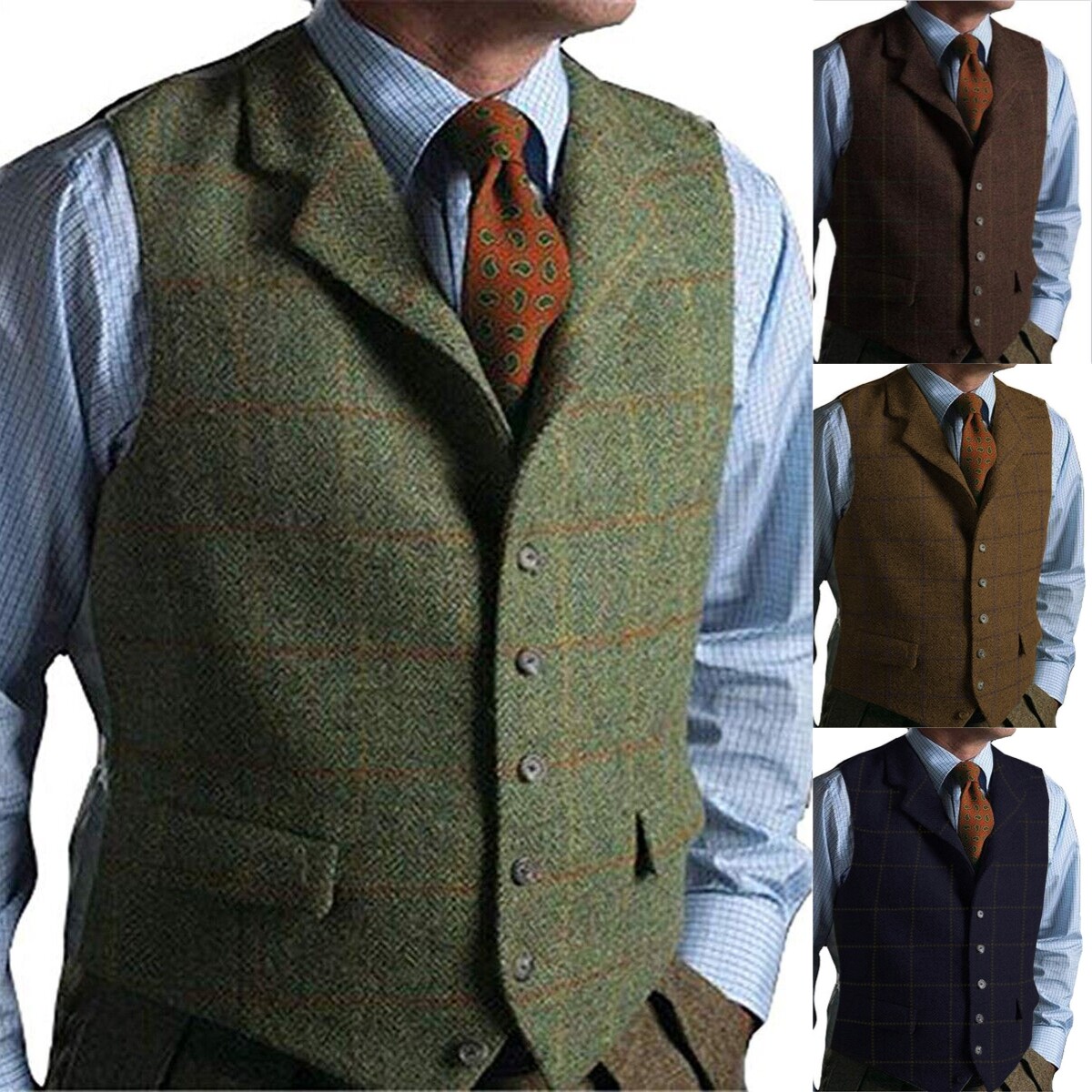 Mens Tweed Vest Vintage Western Windowpane Plaid Formal Wool Mens Tweed Vest Vintage Western Windowpane Plaid Formal Wool