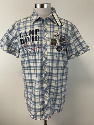 Camp David Shirt Mens Large Button Up Embroidered Blue Patch Work Cotton B1