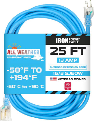 25 Ft All Weather Extension Cord - Stays Flexible in Extreme Cold & Hot Temperat