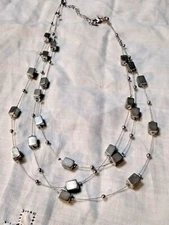 Lia Sophia Cube Necklace silvertone hematite 18"  3 strand square bead