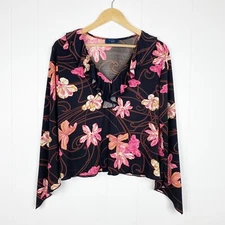 Vintage Y2K RAG Brand Womens Top Large Fairycore Ruffle Front Floral Long Sleeve