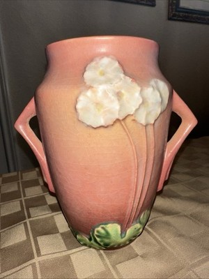 Antique Roseville Pottery Primrose 760-6 Vase Pink White Flowers 6in 1940s