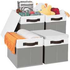 4 Pack Fabric Storage Bins with Lids Collapsible Closet Cubes Handles Grey