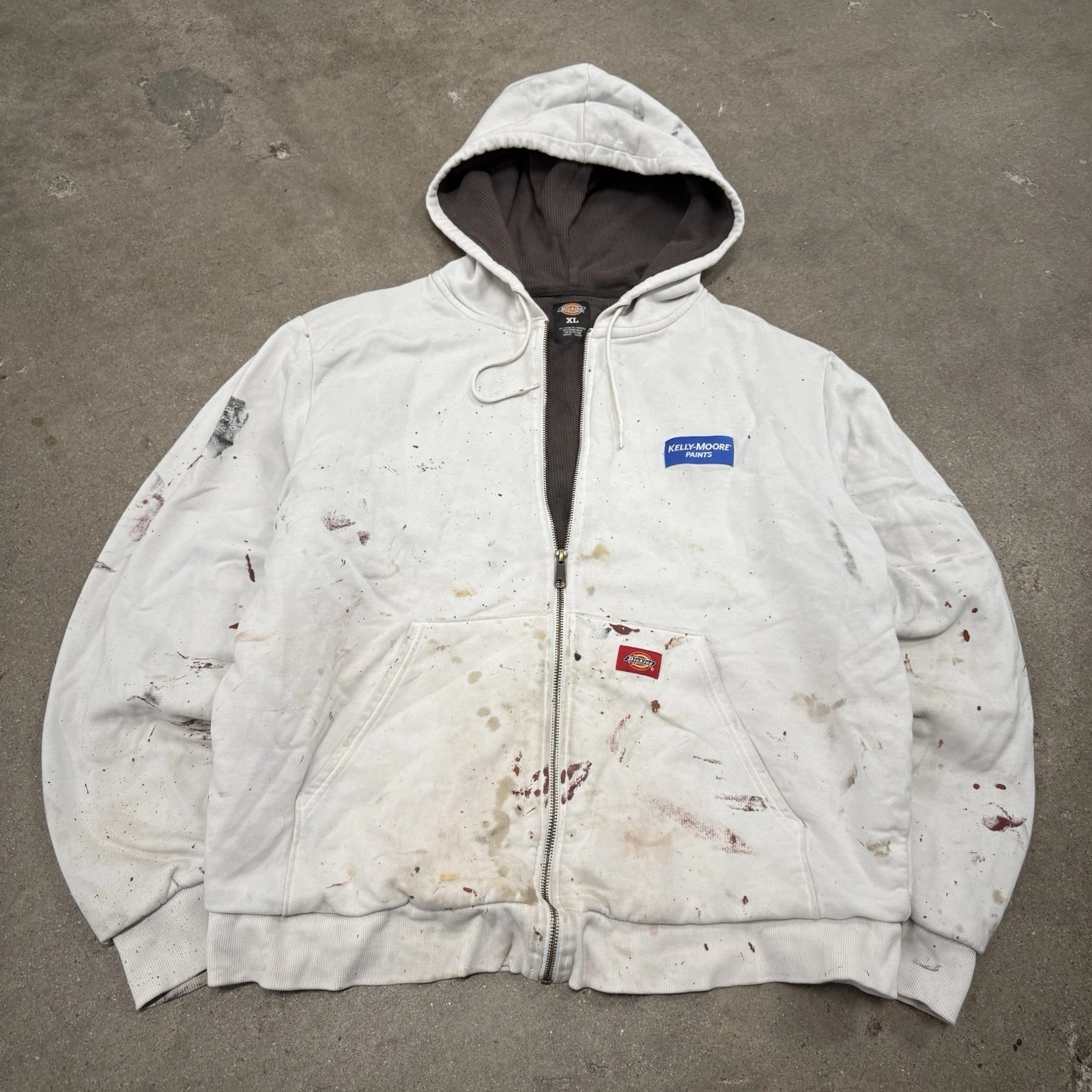 VINTAGE DICKIES THRASHED PAINTER THERMAL LINED FULL ZIP HOODIE XL WHITE