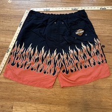 Vintage Harley Davidson Swim Trunks Short Mens XL Mesh Lined Black Flames Biker