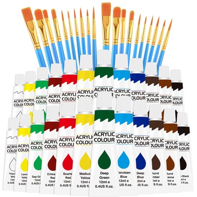 Acrylic Paint Set 12 Colors（2 Pack）with 20 Paint Brushes24 Acrylic Paints for...