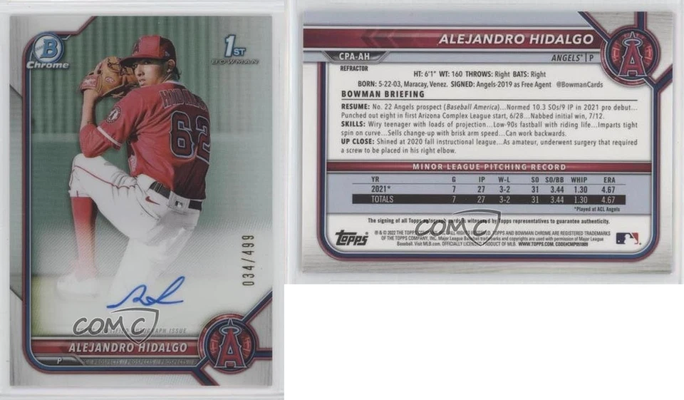 2022 Bowman Chrome Prospect Refractor 34/499 Alejandro Hidalgo #CPA-AH Auto - Image 3 of 3