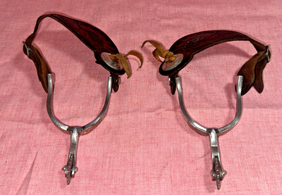 #ad Vintage FLEMING Copper amp; Silver Walking Gal Spurs Pair Engraved w Leather $637.48