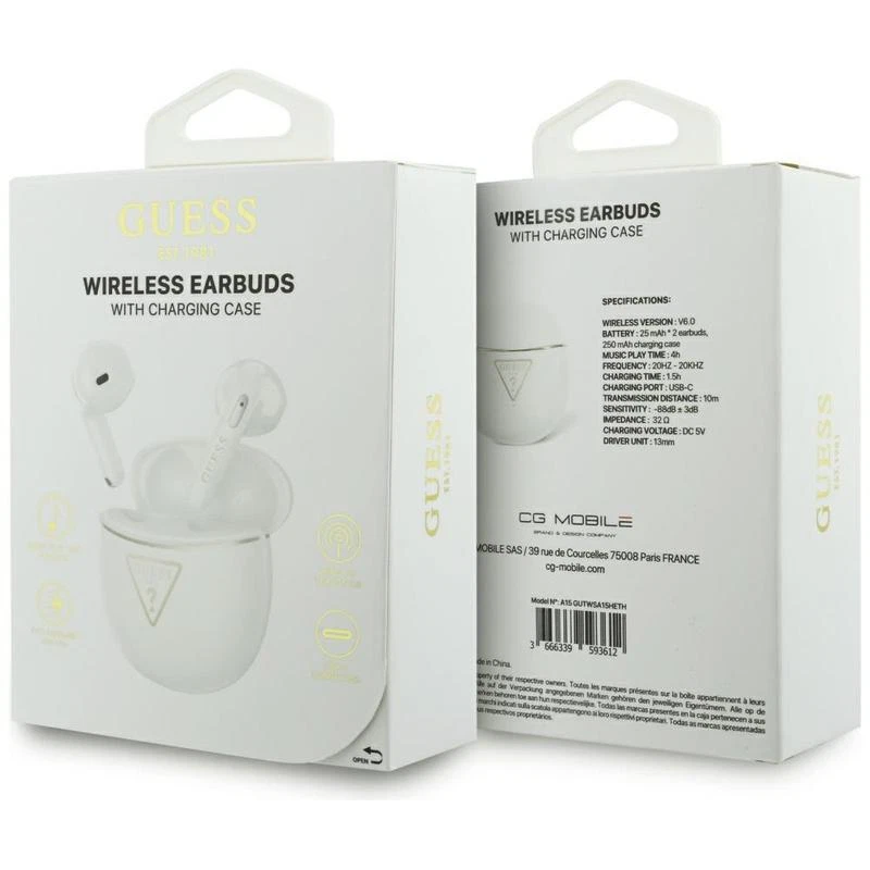 Guess Gold Line Triangle Logo TWS Earphone with Charging Case White
