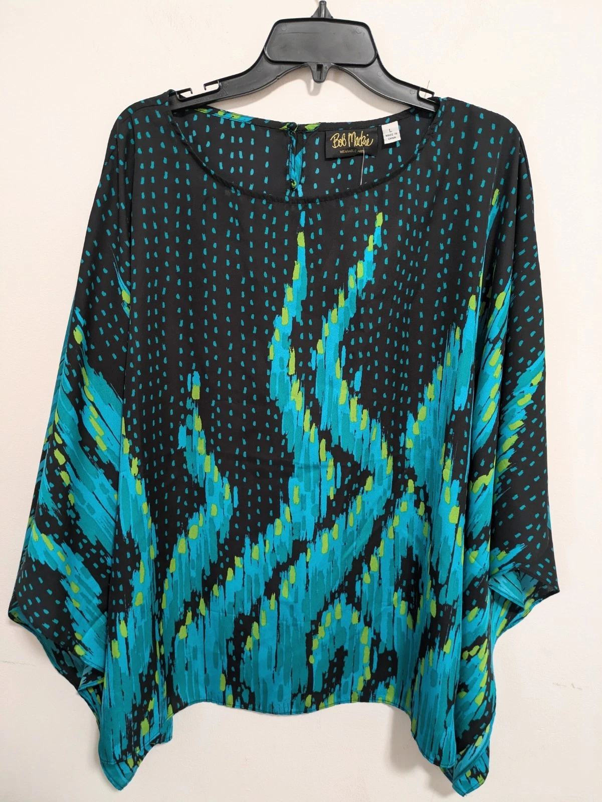 Bob Mackie Wearable Art Top L Poncho Lightweight Teal Black Artsy Lagenlook Boho
