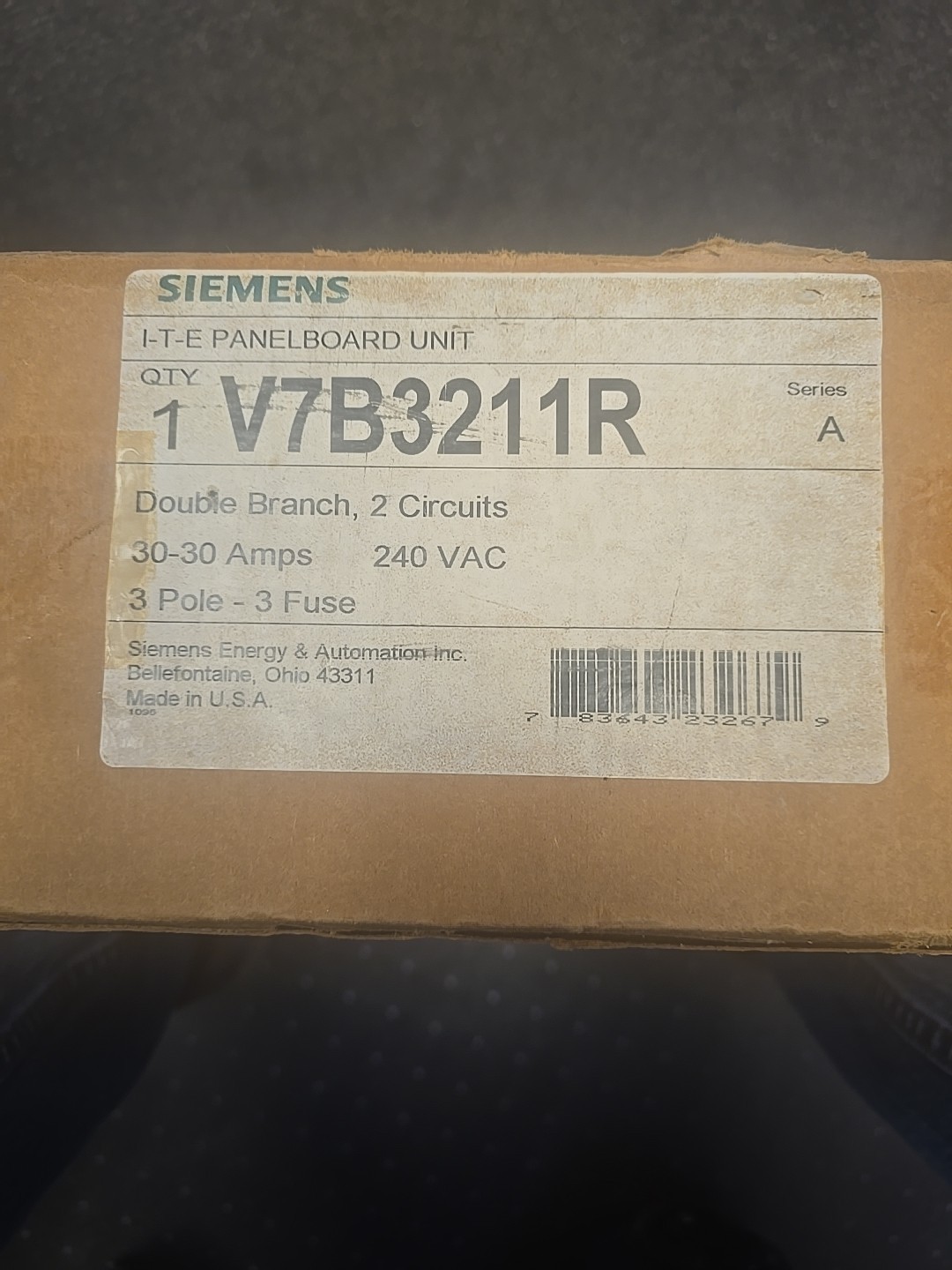 Siemens V7B3211R Double Branch 2circuit 30amp/30amp 3pole Fused Panelboard Unit
