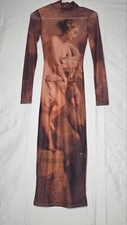 Fashion Nova brown mesh art print bodycon dress XS long sleeve