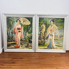 2 X Framed Paint by Numbers - Vintage Geisha Asian Japan - 1960's Craft Master