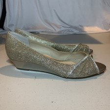 Nina Silver Sparkly Open Toe Wedges Women Size 8 I3 
