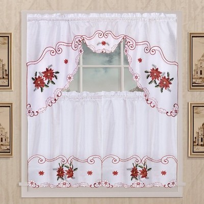 Kashi Home Holiday Kitchen Curtain 58''W x 36''L (Pack of 1), White Poinsettia