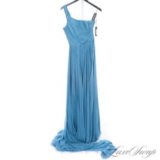 NWT Versace Made in Italy Peacock Blue Silk Chiffon Goddess Gown Runway Dress 40