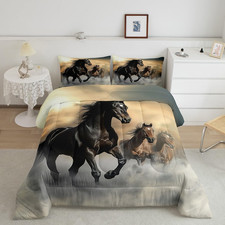 Black Horse Comforter Set 3D Printed Bedding Rustic Farmstyle Duvet Insert for A