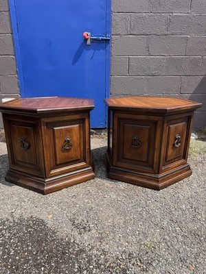 PAIR Vintage Brandt Wood Hexagonal End Tables Mid Century Cabinet Nightstands 