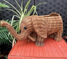Fioriera elefante vimini vintage retrò boho porta piante tessuto rattan occhi a bottone