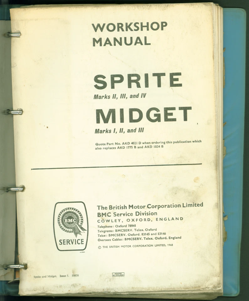 De colección 1968 MG Midget Austin-Healy Sprite Workshop Manul en una carpeta Cambridge A55 Foto 2 de 4