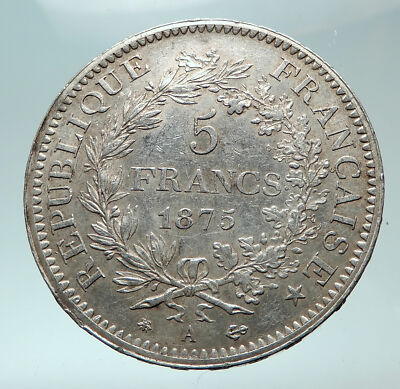 1875 A FRANCE Hercules Group Antique Genuine Silver 5 Franc French