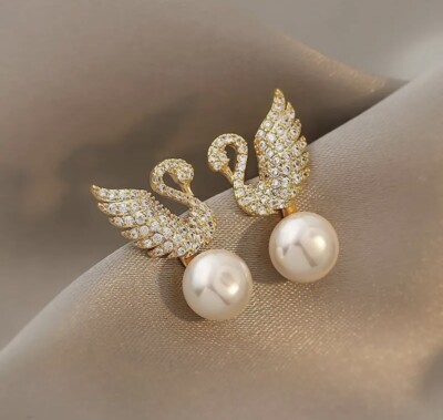 Kristall Ohrstecker Gold Schwan Perlen Ohrringe Mode Damen Schmuck Accessoires