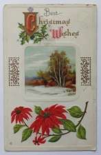 Antique 1914 Best Christmas Wishes Landscape Poinsettia Holly Embossed Postcard