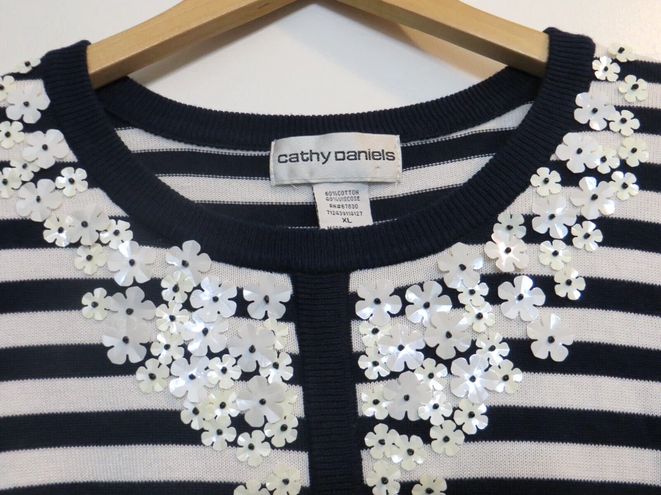 Suéter Cathy Daniels Mujer XL Rayas Floral Manga 3/4 Adornado Lentejuelas Foto 2 de 4