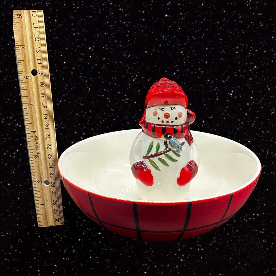 Plato muñeco de nieve Pfaltzgraff Camp Jingles 2009 plato de caramelo con muñeco de nieve interior 6”T 7,5 W Foto 3 de 4