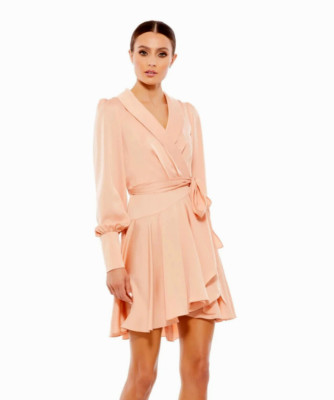  Mac Duggal Long Sleeve Hi Low Wrap Dress  Sz 8   $398  *880 salmon
