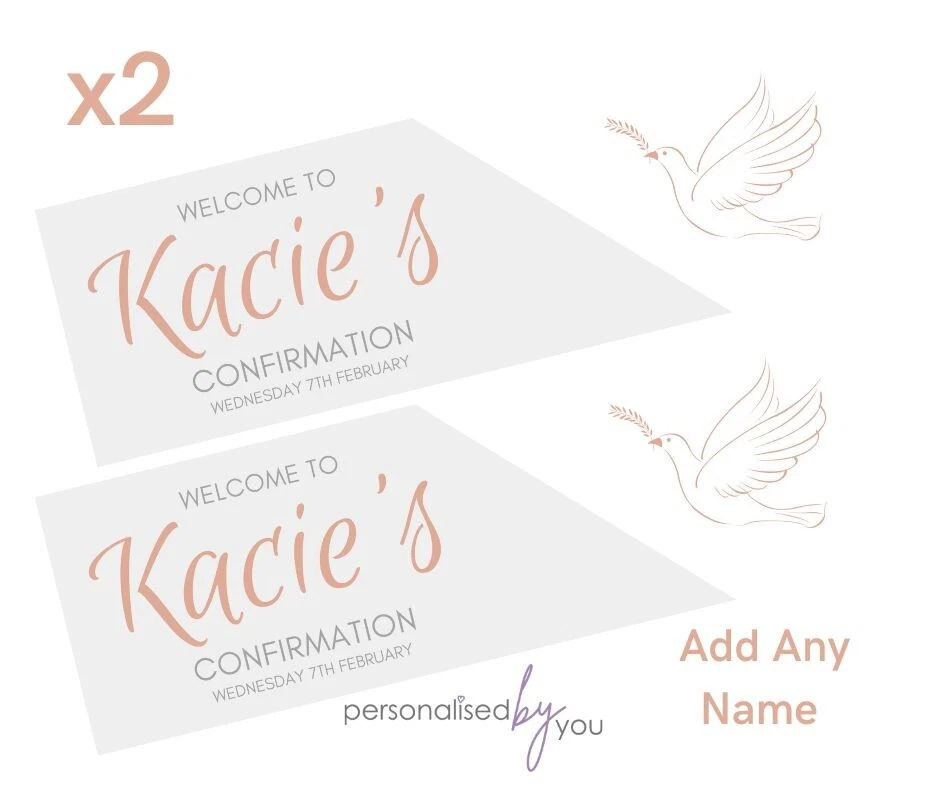 MADVINL 2 x Personalised CONFIRMATION Banners Large ADD NAME & ANY DATE Dove Rosegold