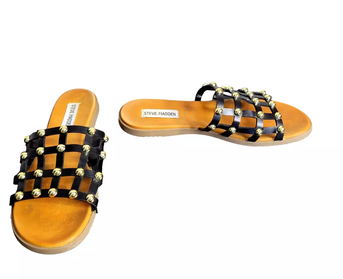 Steve Madden Womens Sandals Size 8 Black w Gold Studs Slip On eBay