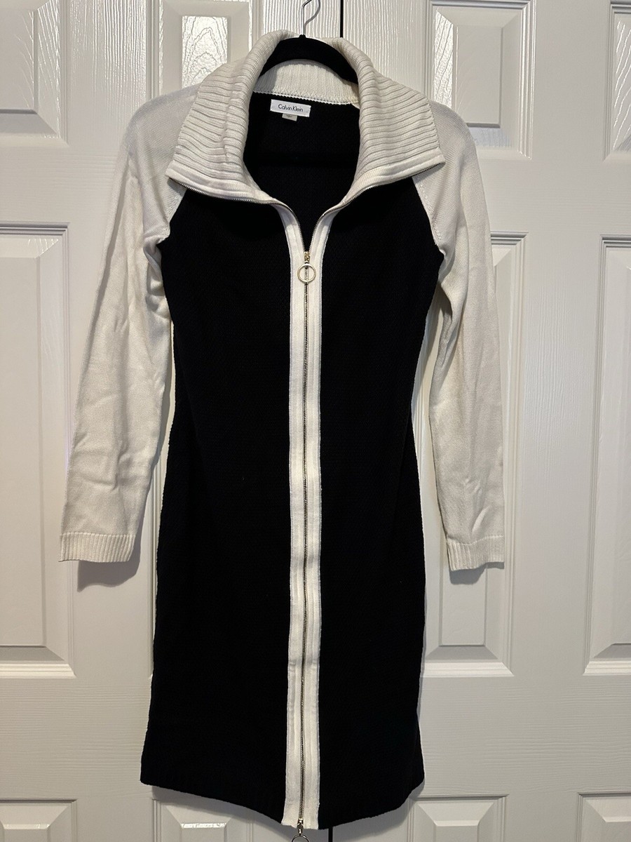 Calvin Klein size S full zip knit sweater dress black white long sleeve Calvin Klein size S full zip knit sweater dress black white long sleeve