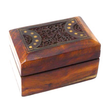 Handmade Wooden Jewellery Box With Carved And Brass Inlaid Lid