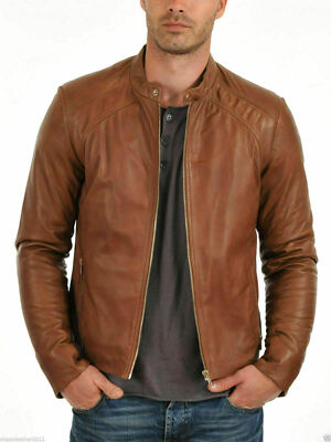 Stylish Men's Casual Lambskin Leather Biker Jacket Motorcycle Genuine Soft Fit