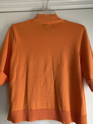 Linda Matthews Sz L Open Front Cardigan Sweater KnitTop Orange Roll-Tab Sleeves - Picture 2 of 10