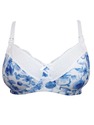 BLUE Floral Maternity Nursing Bra SIZE 34B BY MOTHERCARE 100% COTTON FEEDING BRA
