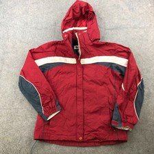 Columbia Jacket Womens Medium Red White Windbreaker Hooded Outdoors Shell