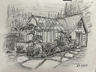 Charcoal Pencil Quick Sketch drawing Green House Landscape Canson Paper 9x12''