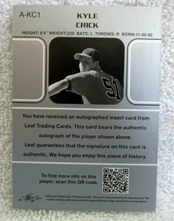 KYLE CRICK RC 2013 LEAF NATIONALS NOVATO AUTOMÁTICO #1/10! PIRATES PITCHER AUTOMÁTICO RC Foto 3 de 3